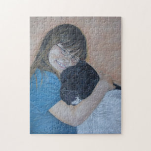 very endearing and cute child hugging akita dog jigsaw puzzle