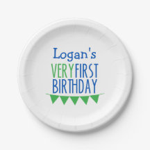 Very First Birthday Bunting Blue Green Cake Plates