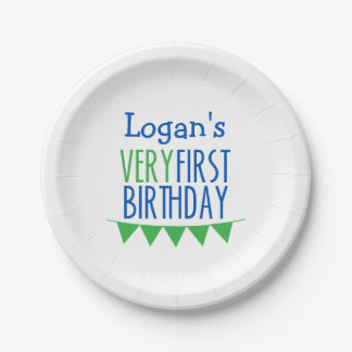 Very First Birthday Bunting Blue Green Cake Plates