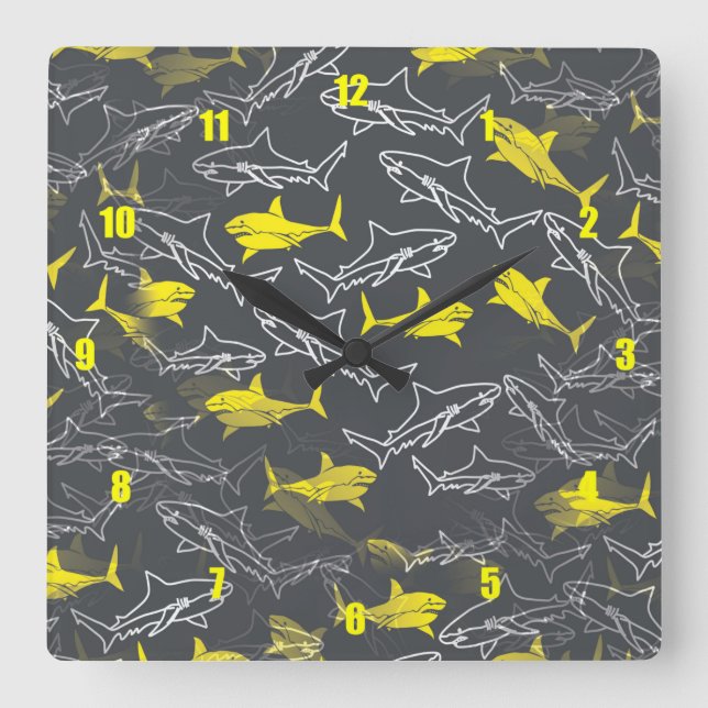 Very Fun and Unusual Sharks Square Wall Clock (Front)