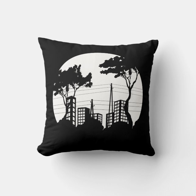 Very Fun City Scape w/Trees Throw Pillow (Front)