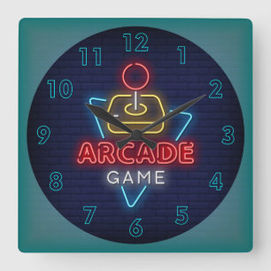 Very Fun Classic Arcade Game w/Joystick Neon Squar Square Wall Clock