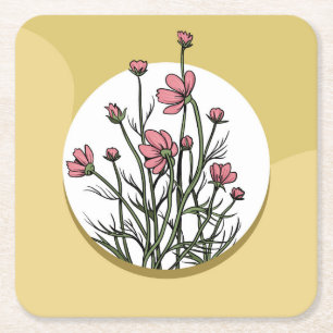 Very Fun Flower Drawing Square Paper Coaster
