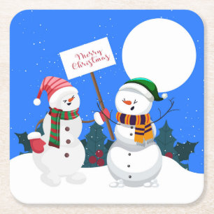 Very Fun Merry Christmas Snowmen Drawing Square Paper Coaster
