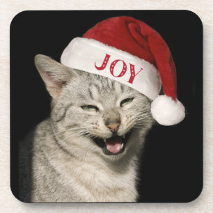 Very Funny Santa Cat Laugh Photo Christmas Coaster