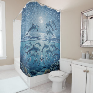Very Happy Dolphins on A Full Moon Shower Curtain