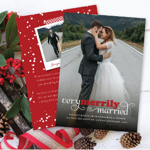 Very Merrily Married Mr & Mrs Modern Photo Wedding Holiday Card