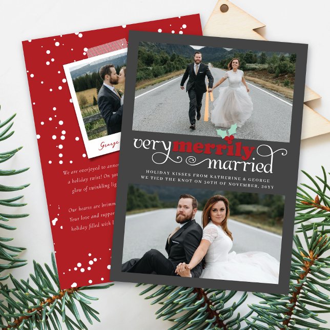 Very Merrily Married Mr & Mrs Modern Photo Wedding Holiday Card (Creator Uploaded)
