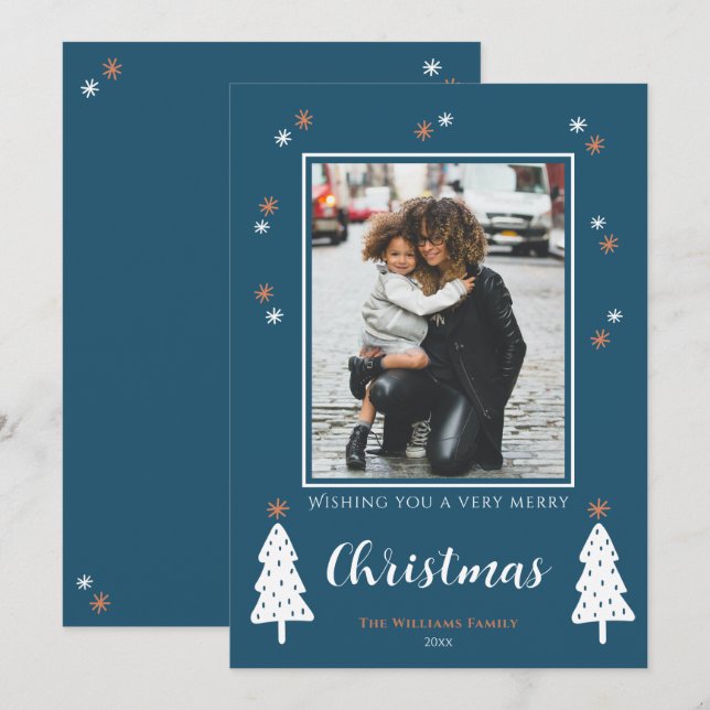 Very Merry Christmas Doodle Trees Modern Photo Holiday Card (Front/Back)