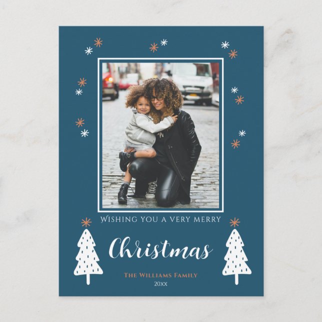 Very Merry Christmas Doodle Trees Modern Photo  Holiday Postcard (Front)