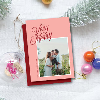 Very Merry Christmas Elegant Script One Photo Pink Holiday Card