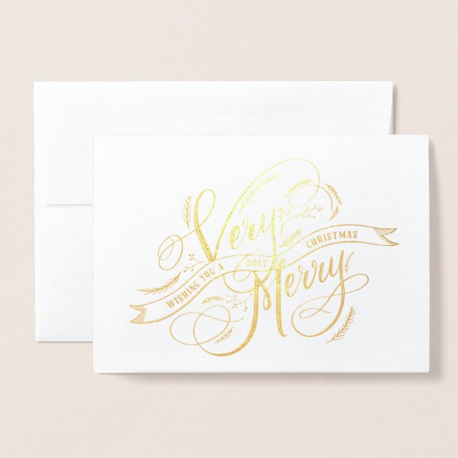 Very Merry Christmas Hand Lettering and Photo Foil Card (Front With Envelope)