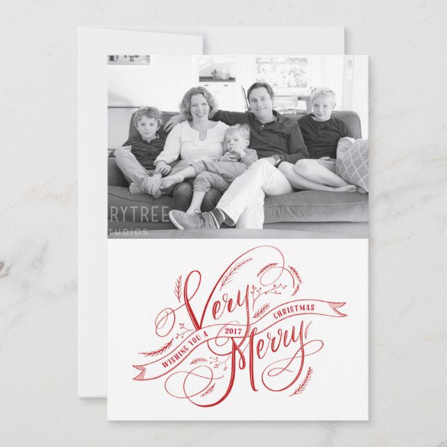 Very Merry Christmas Hand Lettering Red Photo Holiday Card (Front)