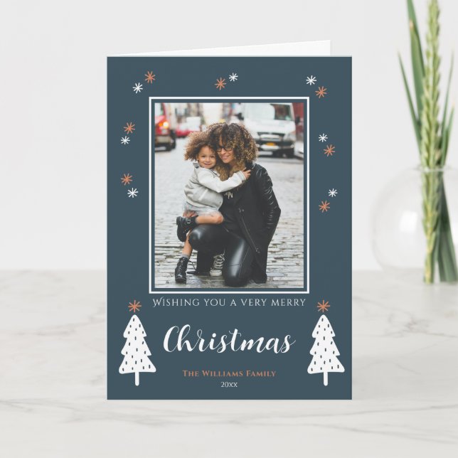 Very Merry Christmas Modern Doodle Trees Photo Holiday Card (Front)