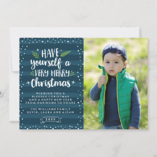 Very Merry Christmas   Navy Stripes Photo Card