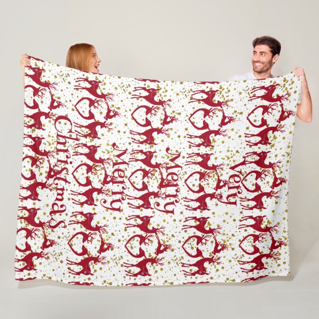 Very Merry Christmas Reindeers Red Nordic Scandia  Fleece Blanket (In Situ)