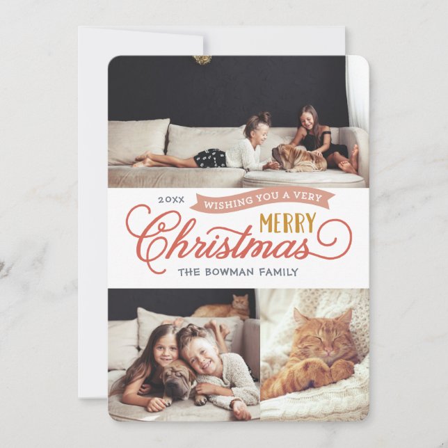 Very Merry Christmas Script 3 Photo Holiday Card (Front)