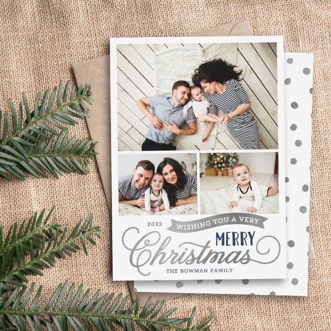 Very Merry Christmas Script 3 Photo Holiday Card (Creator Uploaded)