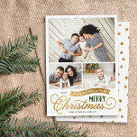 Very Merry Christmas Script 3 Photo Holiday Card<br><div class="desc">Affordable custom printed Christmas photo cards with a simple DIY template for customisation. This fun design features whimsical typography in green and faux gold foil. The message read "Wishing You a Very Merry Christmas". The template has space for 3 family photos. Use the design tools to edit the fonts and...</div>