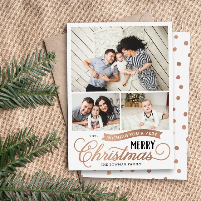 Very Merry Christmas Script 3 Photo Holiday Card (Creator Uploaded)