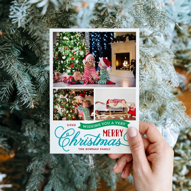 Very Merry Christmas Script 3 Photo Holiday Card (Creator Uploaded)