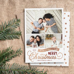 Very Merry Christmas Script 3 Photo Holiday Card<br><div class="desc">Affordable custom printed Christmas photo cards with a simple DIY template for customisation. This fun design features whimsical typography in burgundy and faux rose gold foil. The message read "Wishing You a Very Merry Christmas". The template has space for 3 family photos. Use the design tools to edit the fonts...</div>