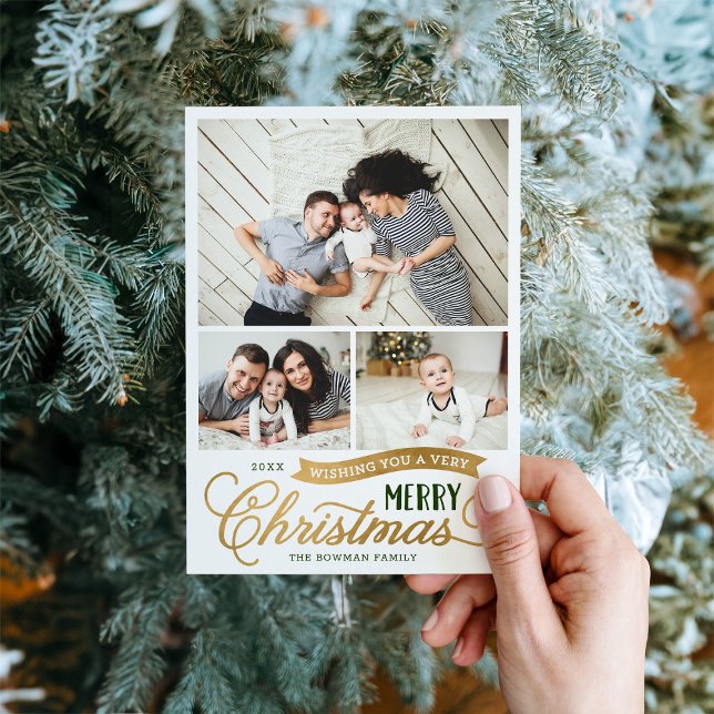 Very Merry Christmas Script 3 Photo Holiday Card (Creator Uploaded)