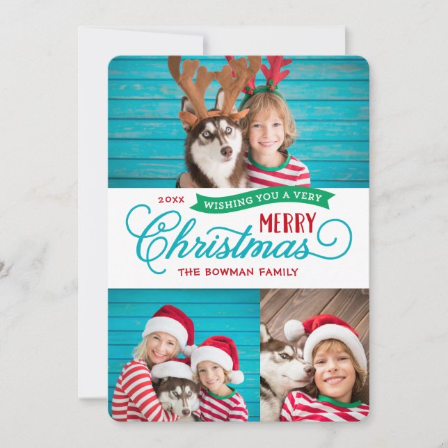 Very Merry Christmas Script 3 Photo Holiday Card (Front)