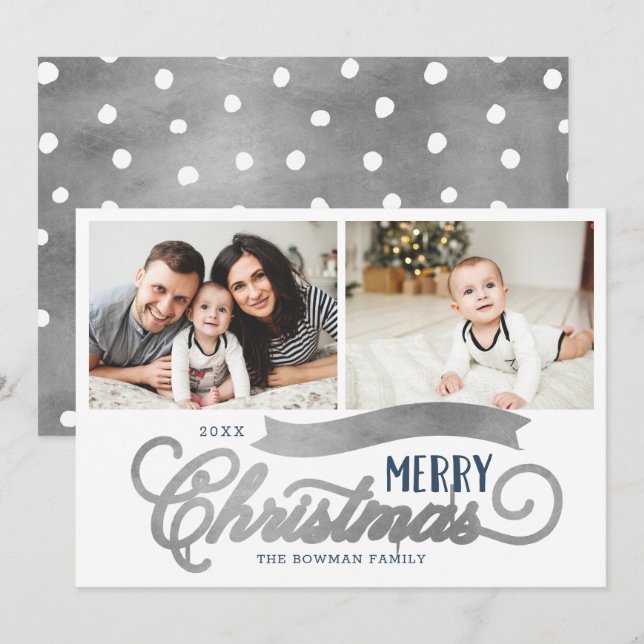 Very Merry Christmas Silver 2 Photo Holiday Card (Front/Back)
