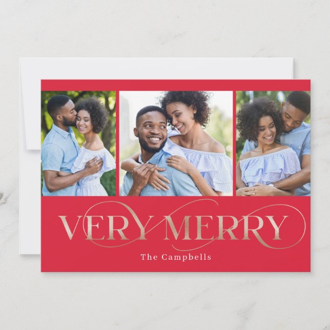 Very Merry Editable Colour 3 Photos Holiday Card (Front)