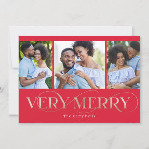 Very Merry Editable Colour 3 Photos Holiday Card