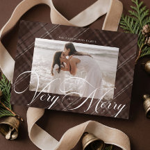 Very Merry Elegant Brown Plaid Photo Christmas