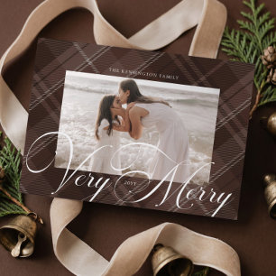 Very Merry Elegant Brown Plaid Photo Christmas Holiday Card