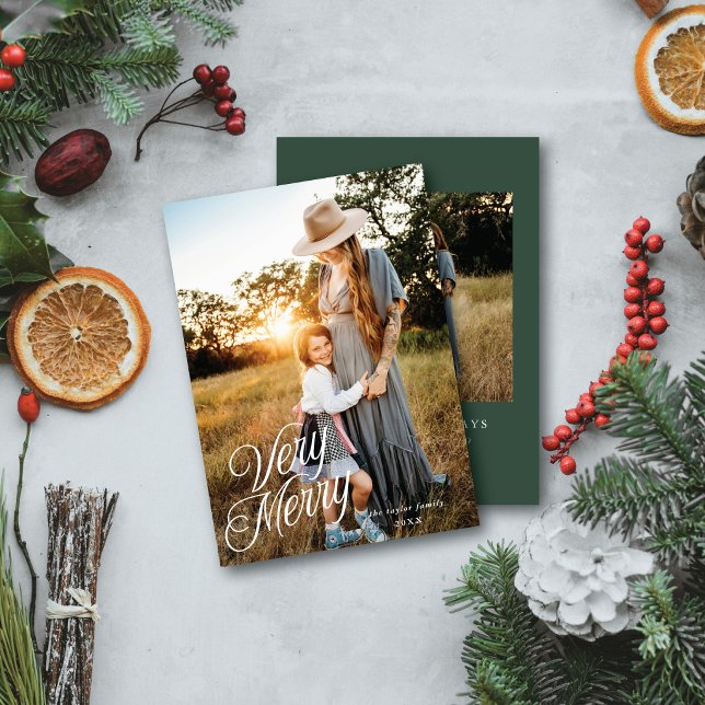 Very Merry Elegant Script Vertical Two Photo  Holiday Card (Creator Uploaded)