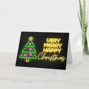 Very Merry Happy Christmas Neon Sign Black Brick  Holiday Card