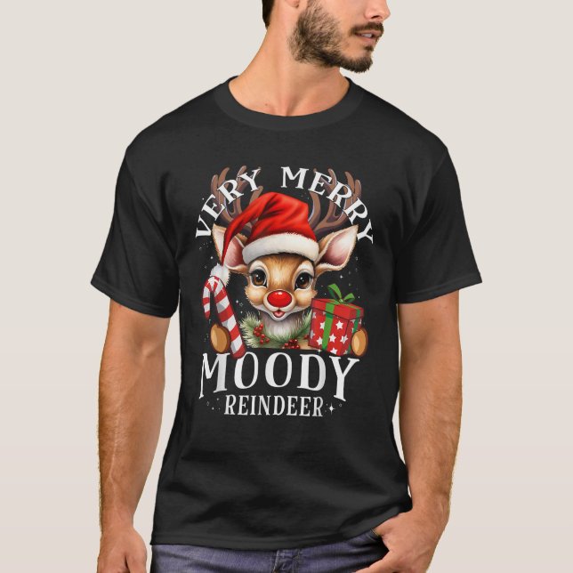 Very Merry Moody Reindeer Matching Christmas  T-Shirt (Front)