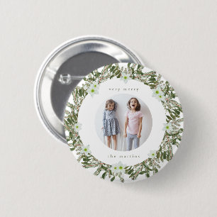 Very Merry Pine and Floral Winter Wreath Christmas 6 Cm Round Badge