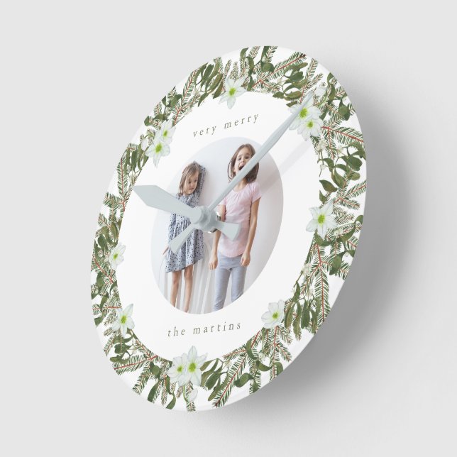 Very Merry Pine and Floral Winter Wreath Christmas Round Clock (Angle)