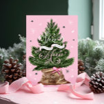 Very Merry Retro Vintage Pink Christmas Tree Bow Holiday Card<br><div class="desc">Celebrate the holiday season with a touch of retro charm with our very merry retro vintage pink Christmas tree holiday Christmas card. This enchanting card features a our beautifully illustrated watercolor Christmas evergreen tree nestled in a rustic burlap sack, adorned with a lovely pink bow. The front showcases the festive...</div>