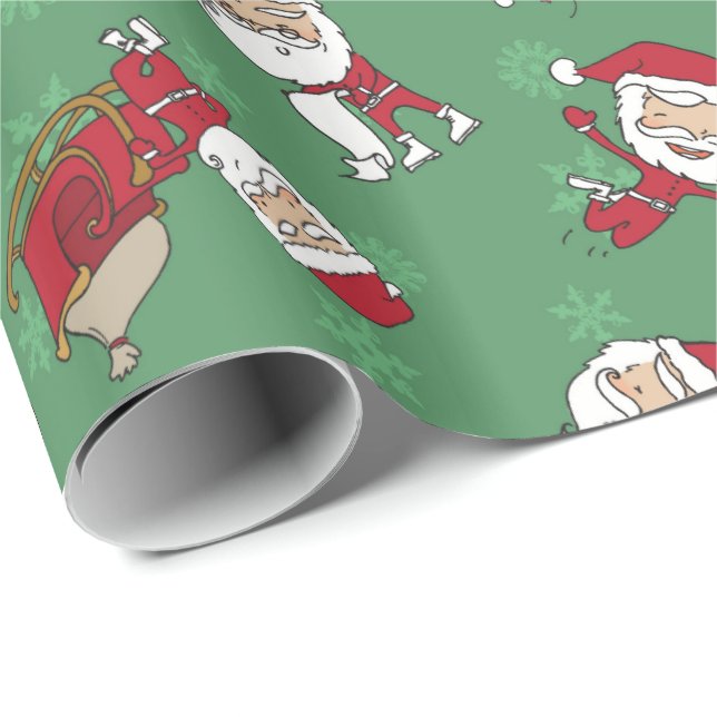 Very Merry Skinny Santa Gift Wrap Metallic Green (Roll Corner)