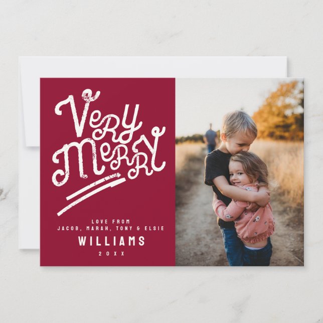 Very Merry Typography Photo Custom Text Christmas Holiday Card (Front)