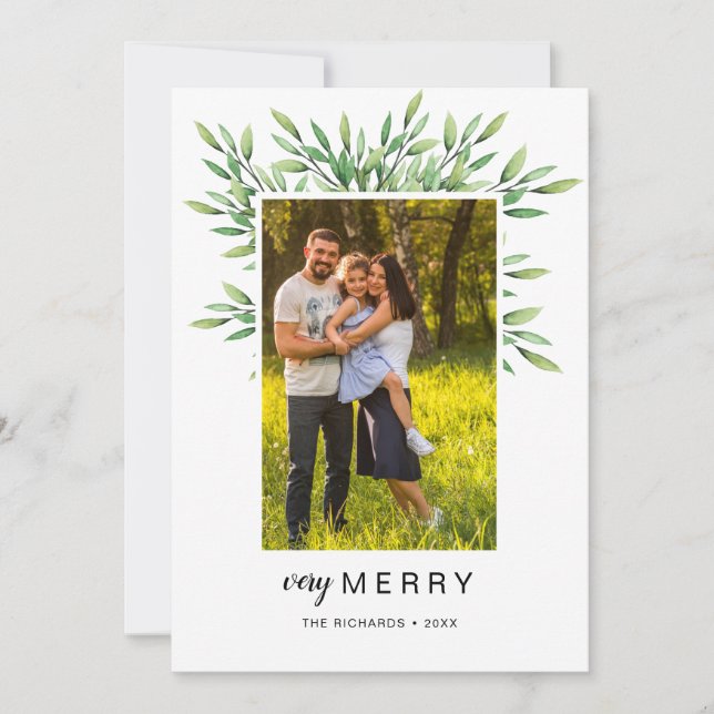 Very Merry Watercolor Leaves Photo Holiday Card (Front)