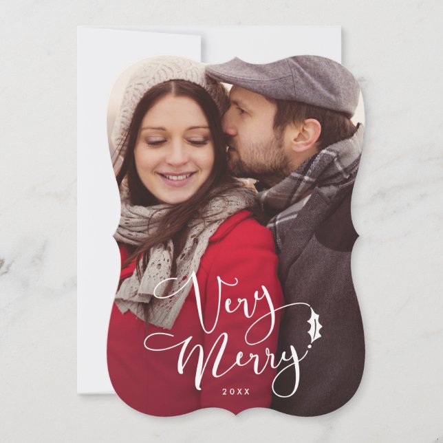 Very Merry White Script Christmas Photo Cards (Front)