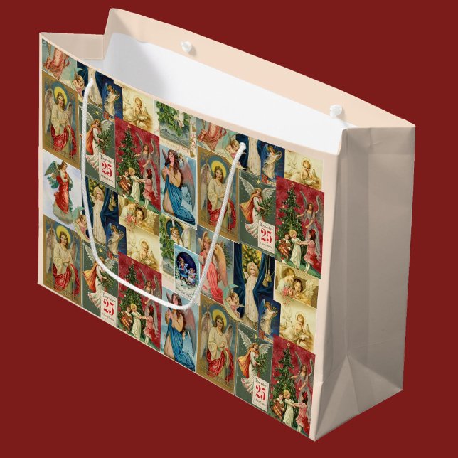 Very Old Christmas Cards Featuring Angels Collage Large Gift Bag (Creator Uploaded)