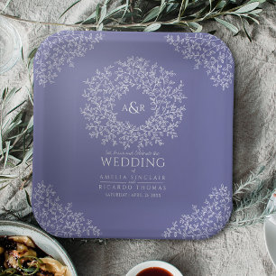 Very Peri blue circle leaf art monogram wedding Paper Plate
