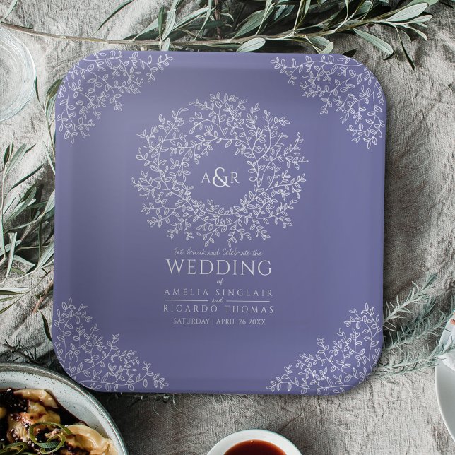 Very Peri blue circle leaf art monogram wedding  Paper Plate (Creator Uploaded)
