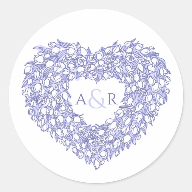 Very peri blue heart tulips monogram wedding classic round sticker (Front)