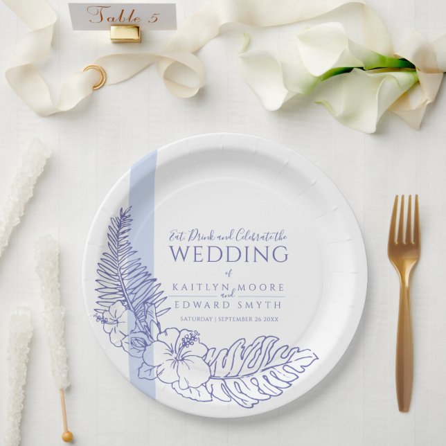 Very peri blue tropical botanica line art wedding  paper plate (Wedding)