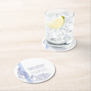 Very peri blue tropical botanica line art wedding round paper coaster