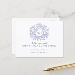 Very Peri drawn leaf monogram wedding cancellation Announcement Postcard